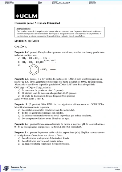 Vista previa de Examen PAU de Química de Castilla-La Mancha 2017 – Ordinaria