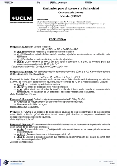 Vista previa de Examen PAU de Química de Castilla-La Mancha 2019 – Ordinaria