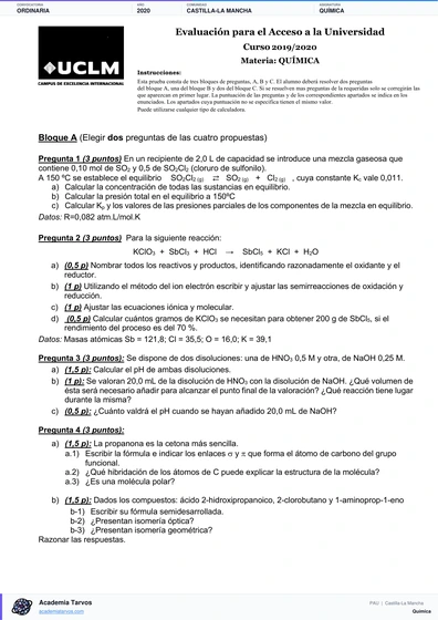 Vista previa de Examen PAU de Química de Castilla-La Mancha 2020 – Ordinaria