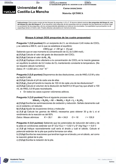 Vista previa de Examen PAU de Química de Castilla-La Mancha 2021 – Ordinaria