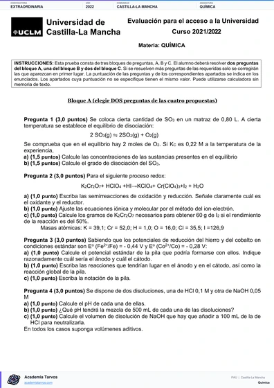 Vista previa de Examen PAU de Química de Castilla-La Mancha 2022 – Extraordinaria