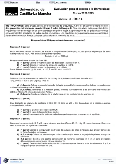 Vista previa de Examen PAU de Química de Castilla-La Mancha 2023 – Extraordinaria