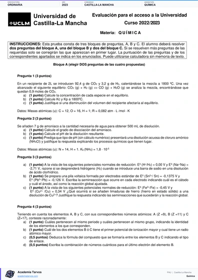 Vista previa de Examen PAU de Química de Castilla-La Mancha 2023 – Ordinaria