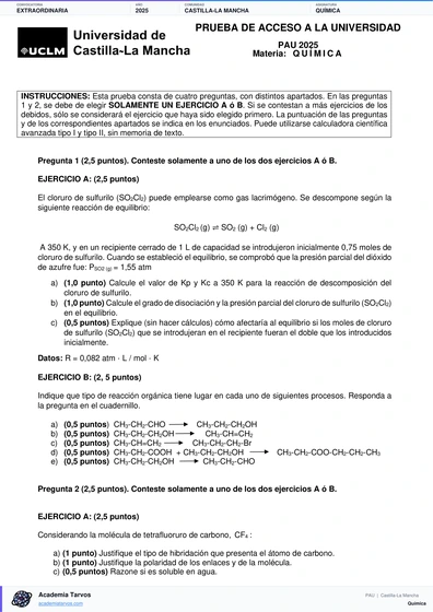 Vista previa de Examen PAU de Química de Castilla-La Mancha 2025 – Extraordinaria