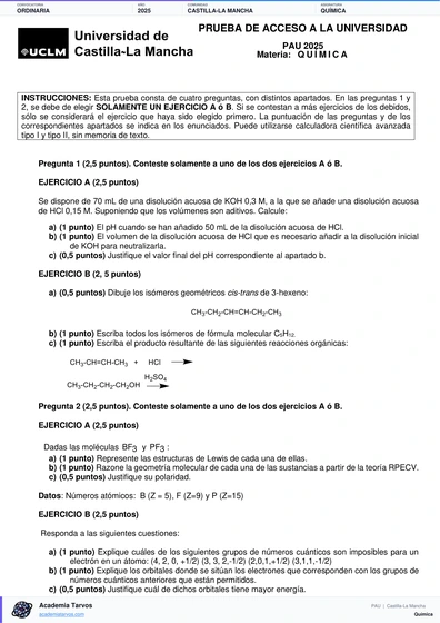 Vista previa de Examen PAU de Química de Castilla-La Mancha 2025 – Ordinaria