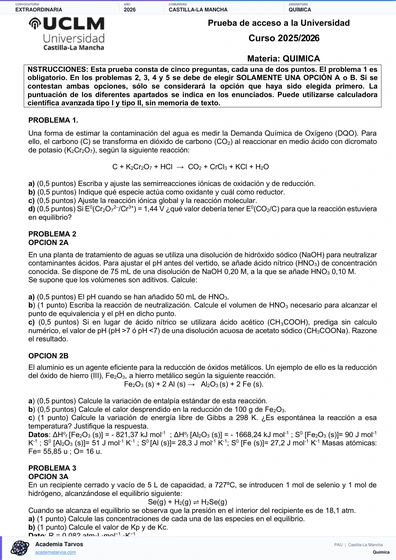 Vista previa de Examen PAU de Química de Castilla-La Mancha 2026 – Extraordinaria