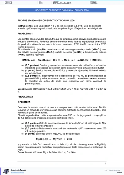 Vista previa de Modelo PAU de Química de Castilla-La Mancha 2026