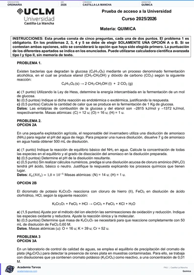 Vista previa de Examen PAU de Química de Castilla-La Mancha 2026 – Ordinaria