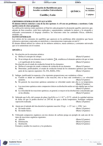 Vista previa de Examen PAU de Química de Castilla y León 2017 – Extraordinaria