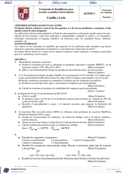 Vista previa de Modelo PAU de Química de Castilla y León 2017