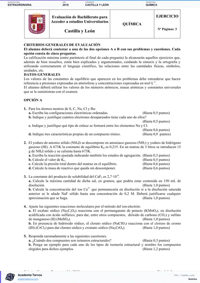 Vista previa de Examen PAU de Química de Castilla y León 2018 – Extraordinaria