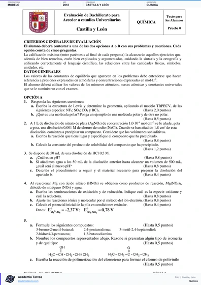 Vista previa de Modelo PAU de Química de Castilla y León 2018