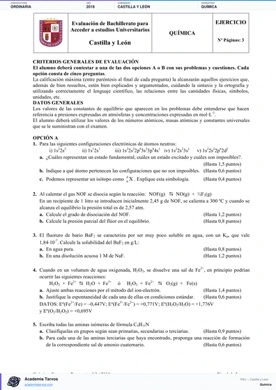 Vista previa de Examen PAU de Química de Castilla y León 2018 – Ordinaria