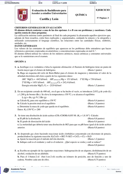 Vista previa de Examen PAU de Química de Castilla y León 2019 – Extraordinaria