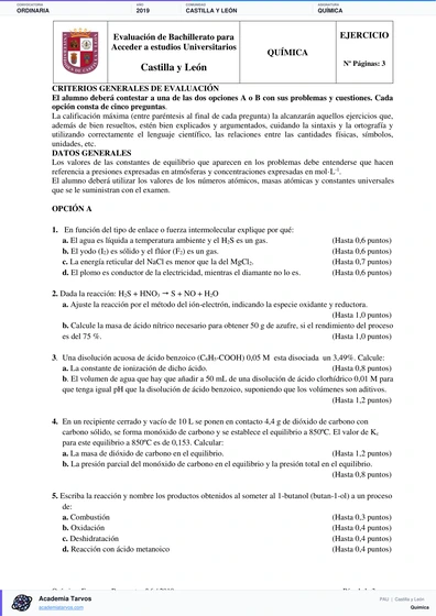 Vista previa de Examen PAU de Química de Castilla y León 2019 – Ordinaria