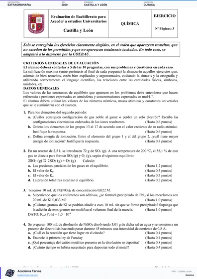 Vista previa de Examen PAU de Química de Castilla y León 2020 – Extraordinaria