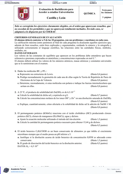 Vista previa de Examen PAU de Química de Castilla y León 2021 – Extraordinaria