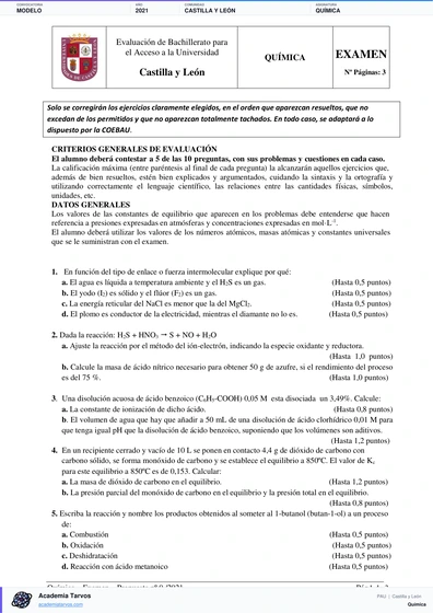 Vista previa de Modelo PAU de Química de Castilla y León 2021