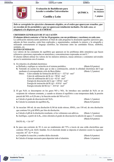 Vista previa de Examen PAU de Química de Castilla y León 2021 – Ordinaria