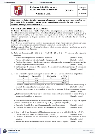 Vista previa de Examen PAU de Química de Castilla y León 2022 – Extraordinaria