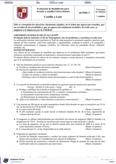 Vista previa de Examen PAU de Química de Castilla y León 2022 – Ordinaria