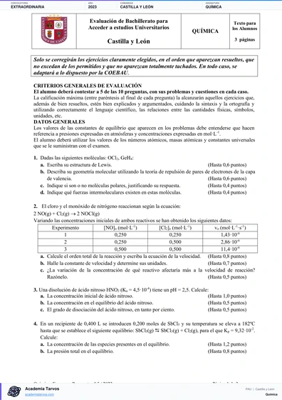 Vista previa de Examen PAU de Química de Castilla y León 2023 – Extraordinaria