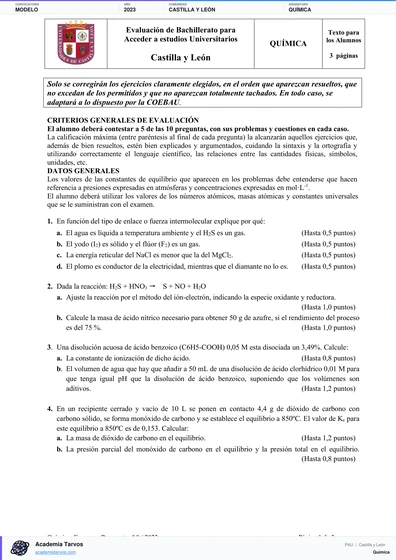 Vista previa de Modelo PAU de Química de Castilla y León 2023