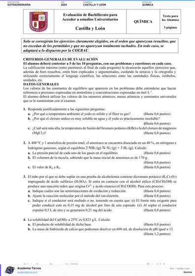 Vista previa de Examen PAU de Química de Castilla y León 2024 – Extraordinaria