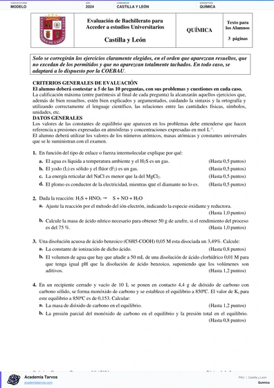 Vista previa de Modelo PAU de Química de Castilla y León 2024
