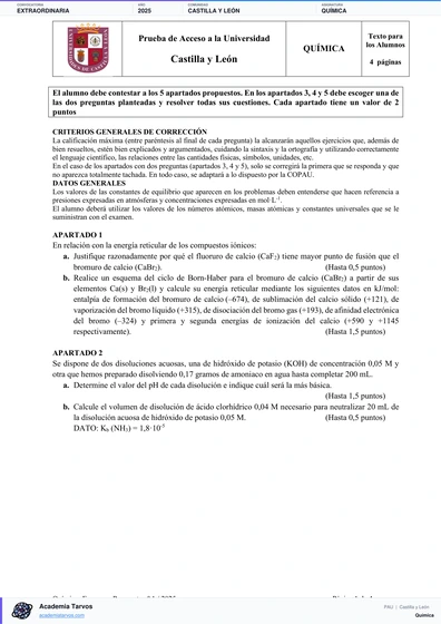 Vista previa de Examen PAU de Química de Castilla y León 2025 – Extraordinaria