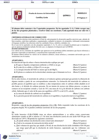 Vista previa de Modelo PAU de Química de Castilla y León 2025
