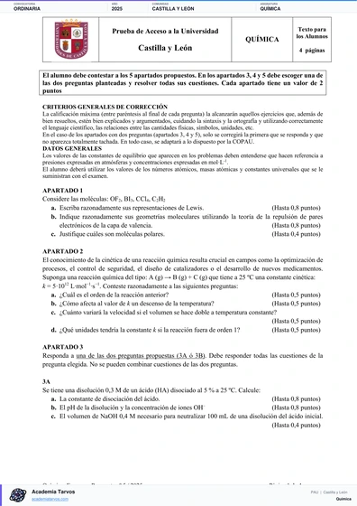Vista previa de Examen PAU de Química de Castilla y León 2025 – Ordinaria
