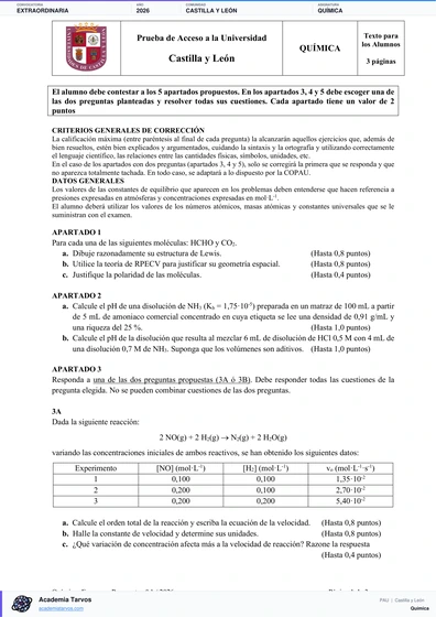 Vista previa de Examen PAU de Química de Castilla y León 2026 – Extraordinaria