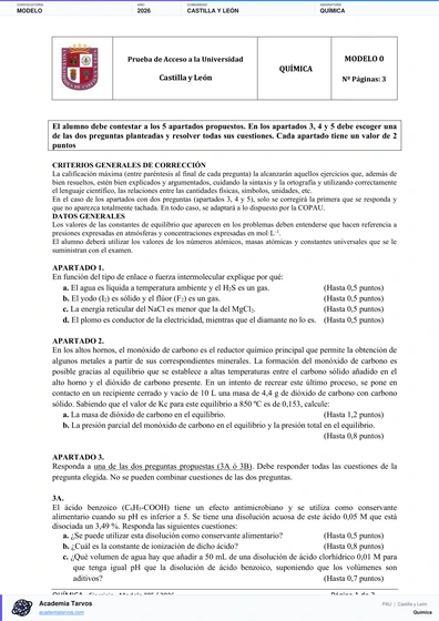 Vista previa de Modelo PAU de Química de Castilla y León 2026