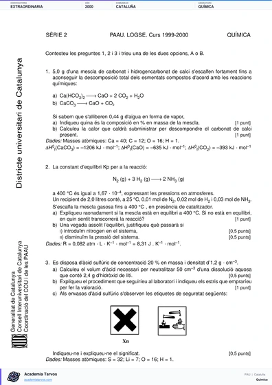 Vista previa de Examen PAU de Química de Cataluña 2000 – Extraordinaria