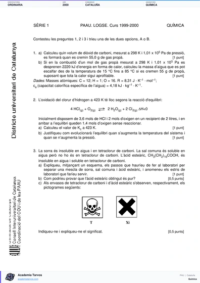 Vista previa de Examen PAU de Química de Cataluña 2000 – Ordinaria