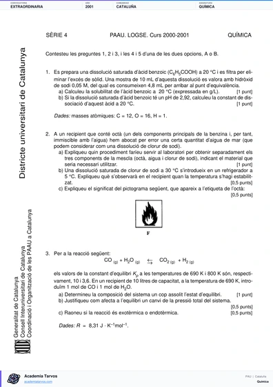 Vista previa de Examen PAU de Química de Cataluña 2001 – Extraordinaria