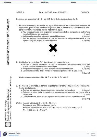 Vista previa de Examen PAU de Química de Cataluña 2001 – Ordinaria
