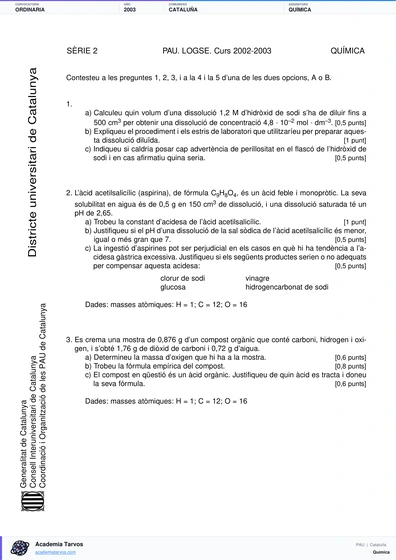 Vista previa de Examen PAU de Química de Cataluña 2003 – Ordinaria
