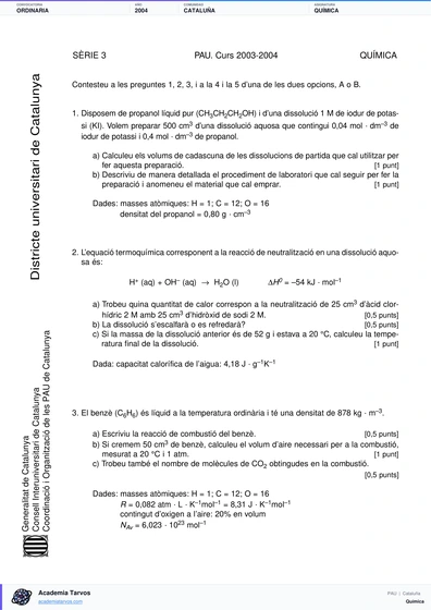 Vista previa de Examen PAU de Química de Cataluña 2004 – Ordinaria