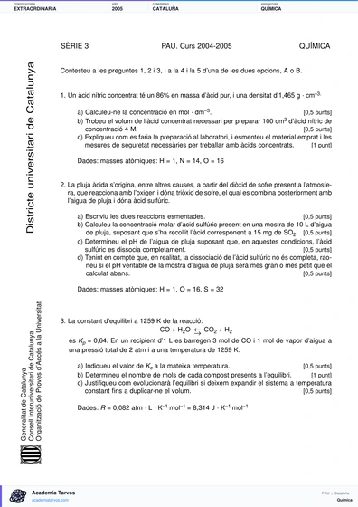 Vista previa de Examen PAU de Química de Cataluña 2005 – Extraordinaria