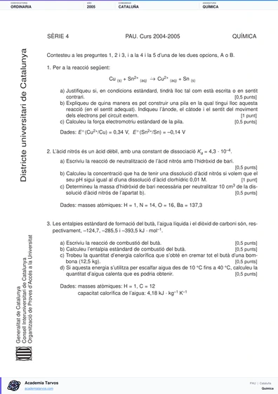 Vista previa de Examen PAU de Química de Cataluña 2005 – Ordinaria