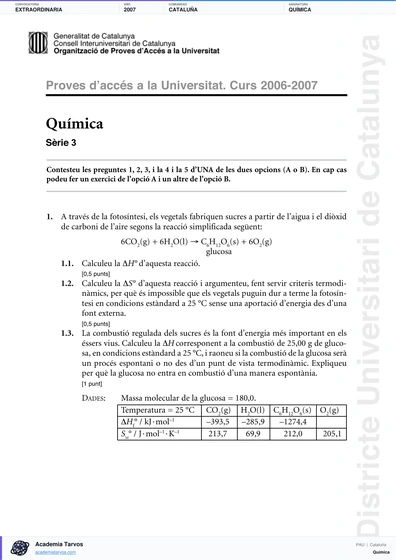 Vista previa de Examen PAU de Química de Cataluña 2007 – Extraordinaria