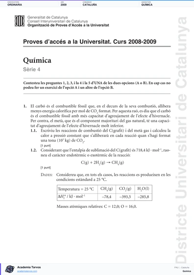 Vista previa de Examen PAU de Química de Cataluña 2009 – Ordinaria