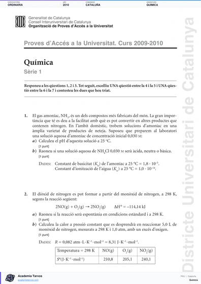 Vista previa de Examen PAU de Química de Cataluña 2010 – Ordinaria