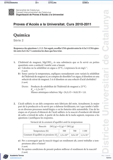 Vista previa de Examen PAU de Química de Cataluña 2011 – Extraordinaria