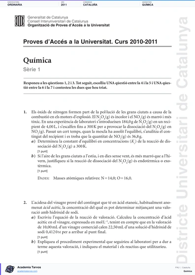 Vista previa de Examen PAU de Química de Cataluña 2011 – Ordinaria