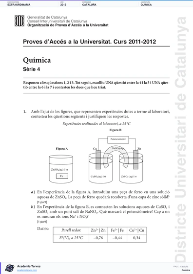 Vista previa de Examen PAU de Química de Cataluña 2012 – Extraordinaria