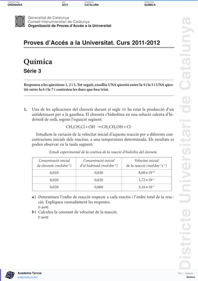 Vista previa de Examen PAU de Química de Cataluña 2012 – Ordinaria