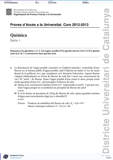 Vista previa de Examen PAU de Química de Cataluña 2013 – Extraordinaria